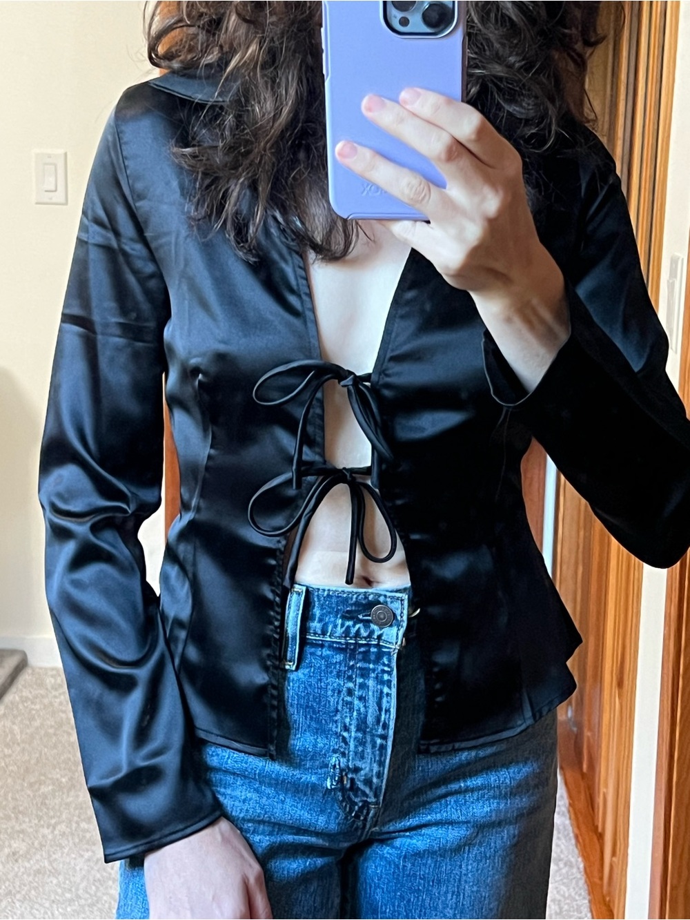 Dolls Kill Black Satin Tie-Front blouse